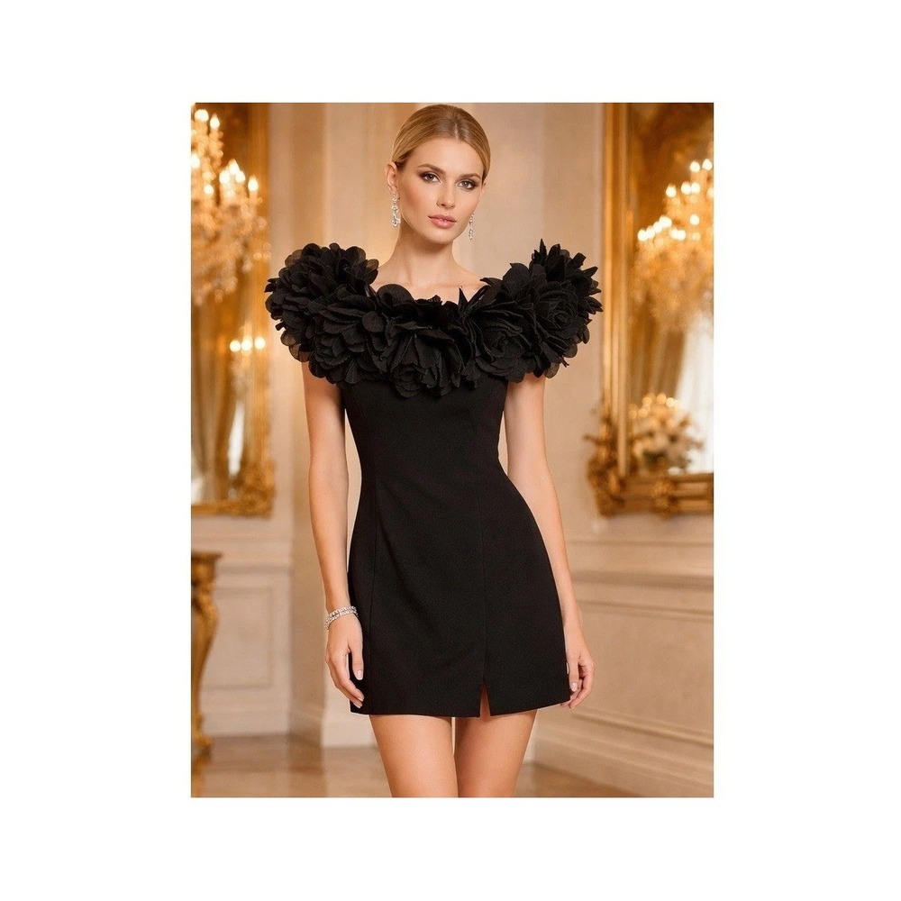 Nadine Merabi Mini Dress Black Floral Appliqué Runway 3D SZ 6 Strapless Sheath